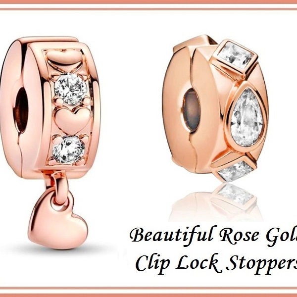 Group Sale ~ ROSE GOLD CLiP LOCK Stopper Charm Bead w Dangle Heart Or GEOMETRiC Design ~ Excellent Quality Charm Beads fit European Bracelet