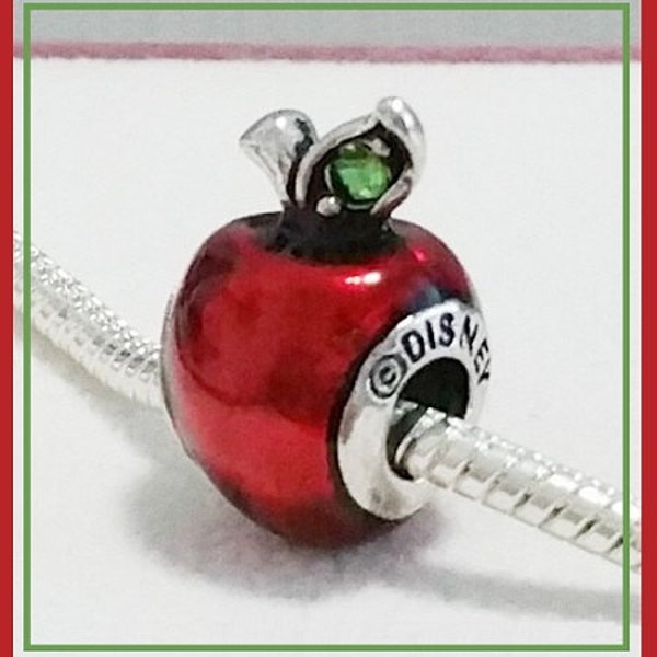 SNoW WHiTE Poisened Red APPLE with Green Crystals ~ Stamped DISNeY Logo ~ Silver Plated Charm Bead ~ fits European Bracelets - MD-SW-A