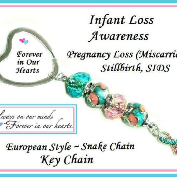Infant Loss Awareness ~ European Style KEY CHAIN ~ Pregnancy ~ Miscarriage ~ Forever in Our Heart ~ Pink Blue Enamel & Murano Glass Beads