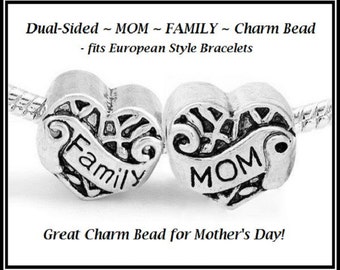 Group SALE ~ Lovely DUaL Sided HEaRT - FAMiLY MoM - MOTHER's DaY - Antique Silver Plated Charm Bead - fits European Bracelets - MS-1089