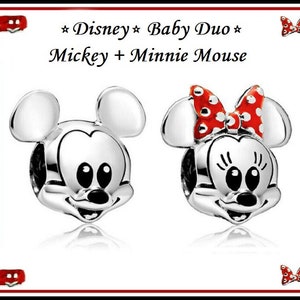 Group SALE ~ Baby MiCKEY & MINNiE Duo ~ Mouse HEAD ~ Silver Plated with Red Enamel Bow ~ Charm Beads - fits European Bracelets