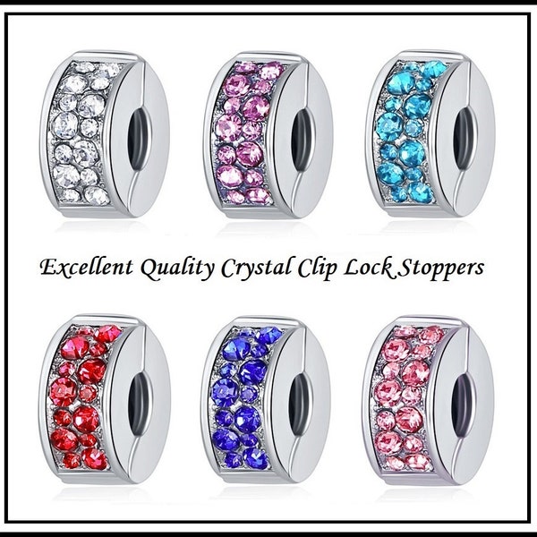 Group Sale ~ Double Row Crystals ~ Red Clear Purple Teal Turquoise Royal Blue, Pink ~ Silver Plated Clip Lock Stoppers fit European Bracelet