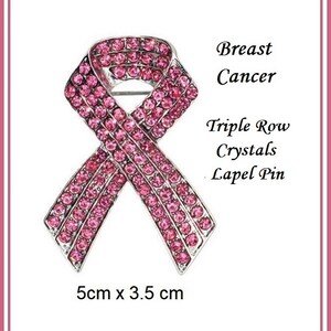 LAPEL PIN, Breast Cancer Awareness Pink TRIPLE Row Crystal, Square Ribbon Brooch, Silver Plated Back, Safety Pin Locking Closure on Back
