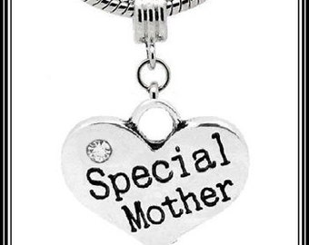 SPECiAL MoTHER ~ MoM ~ LoVE ~ HEaRT Clear Cz Rhinestone Crystal ~ Dual-Sided Pendant or Dangle Charm Bead ~ fits European Bracelet