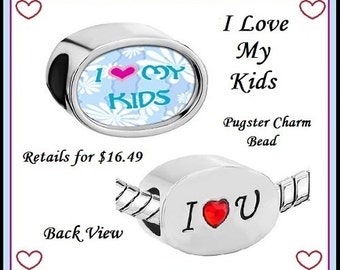 Group SaLE ~ I LOVE My Kids - I LoVE (Heart w Red Cz) YOU - Dual Sided ~ Authentic  Photo Charm Bead fit European Bracelet - PUG-Photo