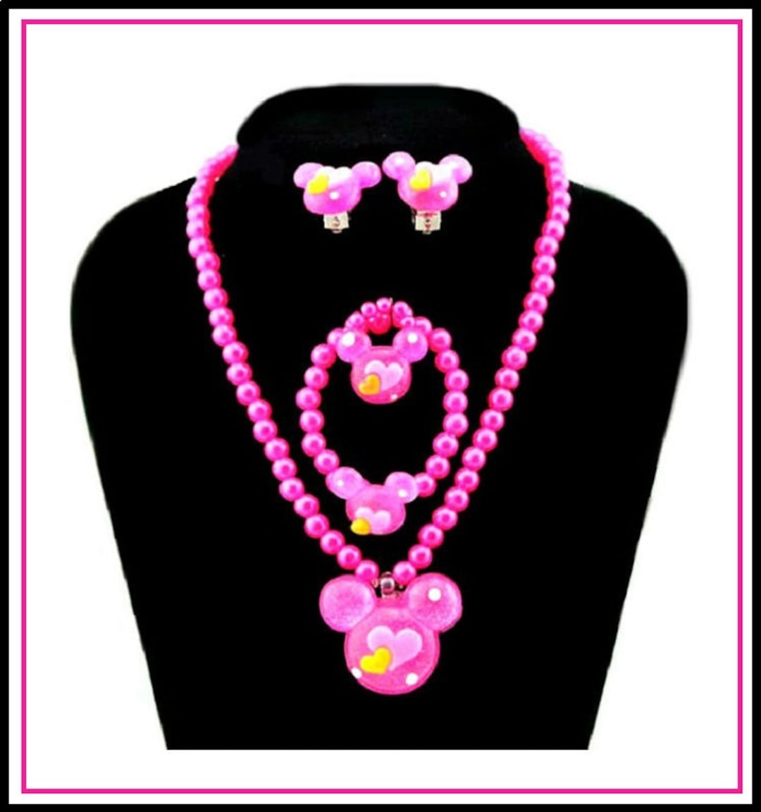 MICKEY MOUSE Deep Pink Imitation Pearl Jewelry SET Pendant, Necklace