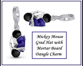 Group Sale ~ MiCKEY GRAD HAT~ Purple, Black Ears ~ White Mortar Board ~ Graduation ~ Dangle Charm Bead ~ fits European Snake Chain Bracelet