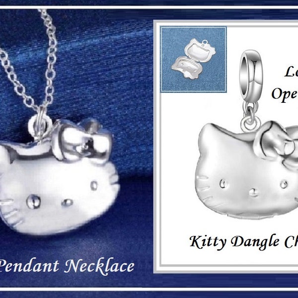 Group Sale ~ KiTTY LOCKET ~ Silver Plated PENDaNT NECKLACE with Chain ~ Lobster Clasp ~ Dangle Charm fit European Style Bracelet