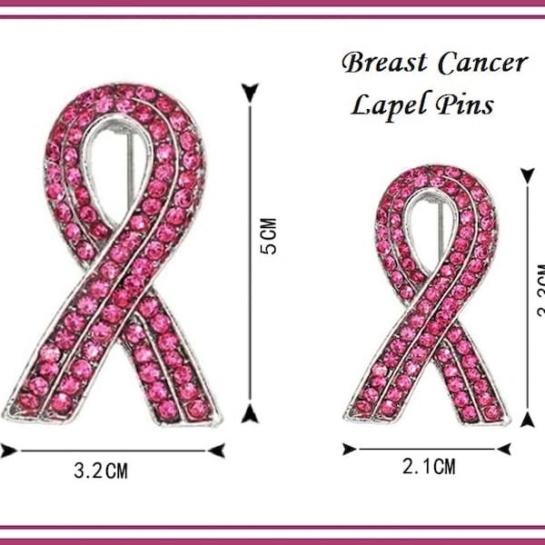 Group SALE ~ 2 Sizes LAPEL PiNS ~ Rhinestone Brooch ~ Breast Cancer Hope Awareness ~ Pink CRYSTAL Ribbon ~ Silver Backing