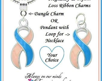 Group SALE ~ Infant Loss Awareness Ribbon ~ Pregnancy ~ Miscarriage ~ Pink & Blue Enamel PENDANT or DANGLE Charm Bead fit European Bracelet