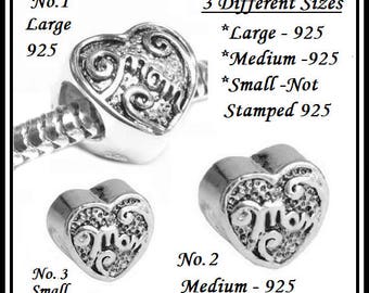 MOM ~ HEaRT Shape ~ Choice of SIZE ~ Stamped/Not Stamped 925 ~ Threaded/Not Threaded Core - Charm Bead - fits European Bracelets - MS-1099-A