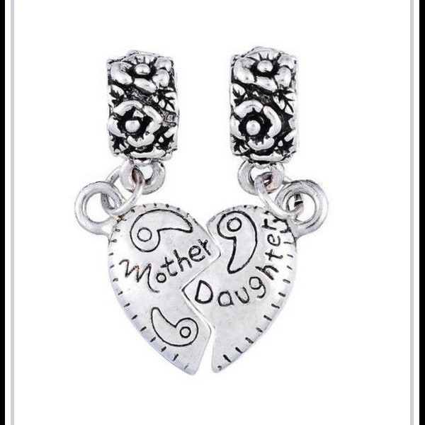 Group Sale ~ 2 Pc. Mother Daughter Set ~ Love ~ Split HEART Shaped ~ Dangle Charm Beads with Fancy Floral Bail ~ fits European Bracelets