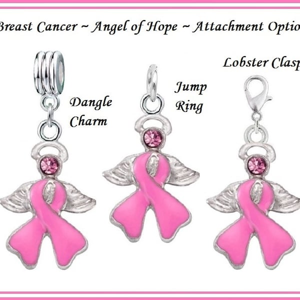 Group SALE ~ Breast Cancer Awareness Pink Ribbon ANGEL of HoPE w Pink Cz Silver Plated PENDANT or Dangle Charm Bead fits European Bracelets