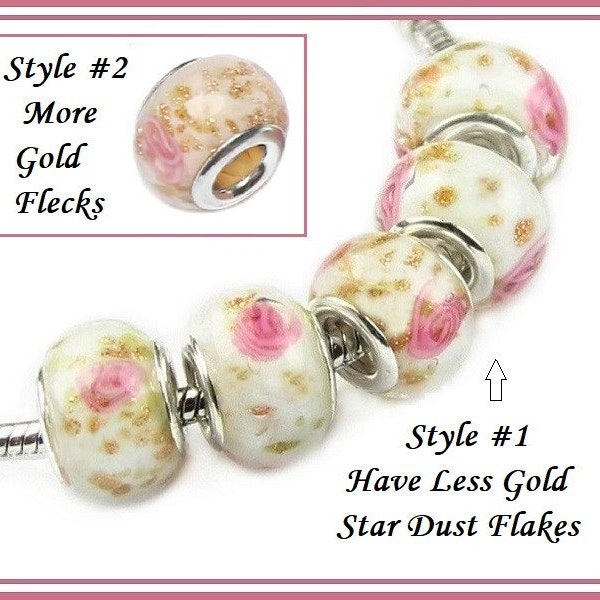 Group SALE ~ 2 Styles ~ WHiTE with PiNK ROSES & Gold Sand Dust Flecks Design - Murano Glass Bead - fits European Snake Chain Bracelets