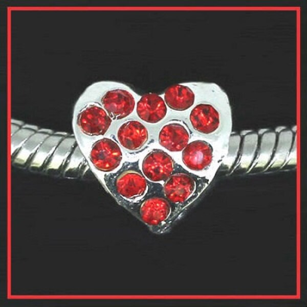 HEaRT Shape - Charm Bead with RED Rhinestones - Crystals - Silver plated - fit European Bracelets - MC-2313