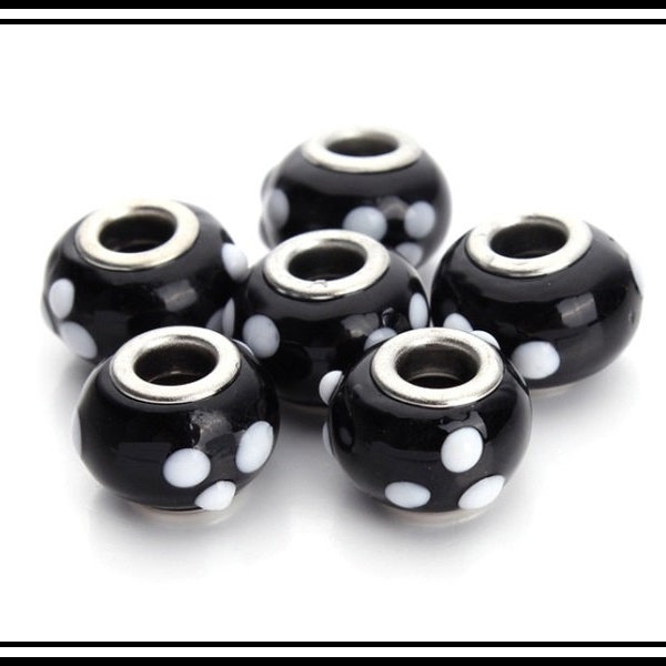 Group Sales ~ Black with White ~ Bumpy Raised Dots Design ~ Textured Murano Glass Beads -  fits European Bracelets - GDT