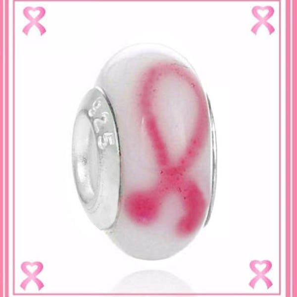 Group SALE ~ Stamped 925 ~ PINK RIBBoN Breast Cancer Awareness ~ Single Core Murano Lampwork Glass Bead w Screw - fit European Bracelet - SC