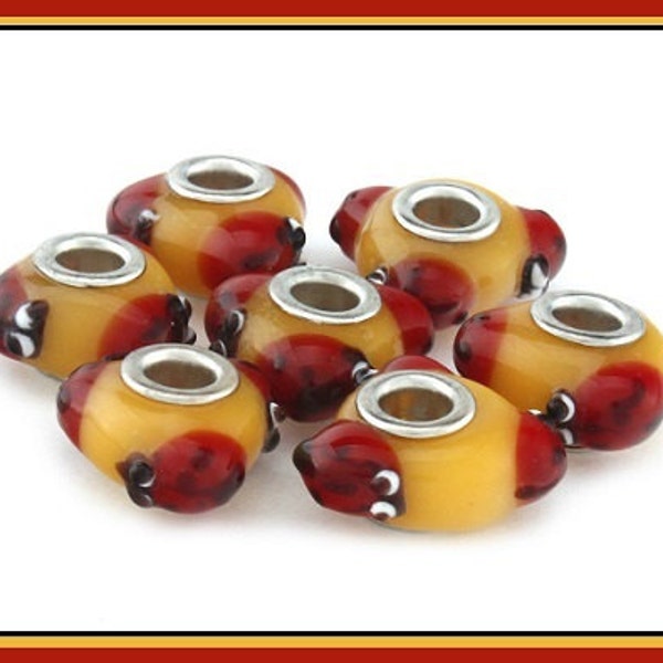Group Sales ~ 3D Red & Black LADYBUG (Beetle) - Sitting on Butternut Gold - Murano Lampwork Glass - Charm Bead - fits European Bracelets