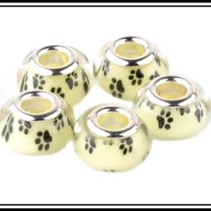 4 Pcs ~ Group Sale ~ BLACK Paws on OFF-White ~ Dog or Cat PAW Prints - Pet Lover - Acrylic Beads - Great Quality - fits European Bracelets