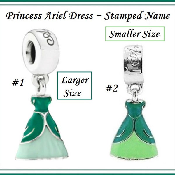 Group Sale ~ Disney PRINCESS ARIEL Dress ~ Stamped NAME ~ 2 Sizes ~ Silver Plated Dangle Charm Bead ~ fits European Bracelets