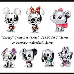 May include: A selection of silver Disney character charms. The charms feature Mickey Mouse, Minnie Mouse, a mouse with a pink scarf, Stitch, a Dalmatian, Pluto, and the Cheshire Cat. The text reads "Disney Group Lot Special - £14.00 for 7 Charms or Purchase Individual Charms."