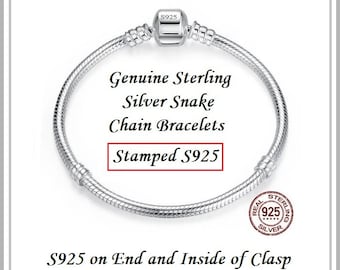 ARGENT MASSIF véritable ~ Fermoir S925 estampé ~ Bracelets chaîne serpent pour perles de style européen ~ Toutes les tailles 6 à 9 pouces ~ 16 cm à 23 cm