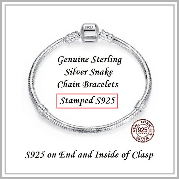 Genuine STERLING SILVER ~ Stamped S925 Clasp ~ Snake Chain Bracelets for European Style Charm Beads ~ All Sizes 6 to 9 Inch ~ 16cm to 23 cm