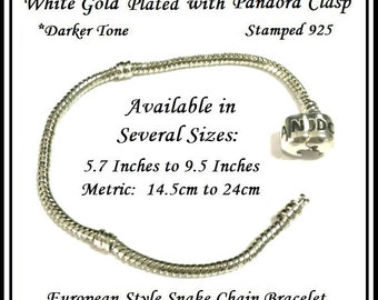 Stamped 925 PAND0RA LOGO Clasp ~ WHiTE GoLD Plated Snake Chain Bracelet for European Style Charm Beads ~ Sizes 6 to 9.5 Inch ~ 14cm to 24 cm