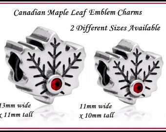 Group Sale ~ CANADIAN Maple Leaf Emblem of CANADA ~ Dual-Sided Antique Silver Plated ~ Dark Red Crystal Charm Beads - fit European Bracelets