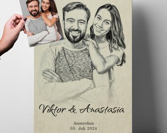 May include: A pencil sketch portrait of a smiling couple, with the names "Viktor & Anastasia" and the date "05. Juli 2024" below. A smaller photo of the couple is held in the corner. The background is a light beige color.