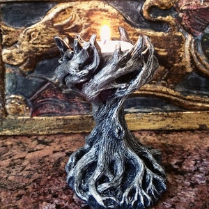 Tree Tea Light Holder, Yggdrasil the World Tree, Hand Painted Resin Sculpture | Earthy Fantasy Decor | Witchy Gift and Gothic Home Decor