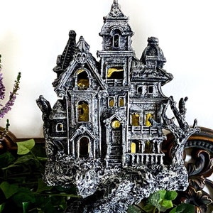 Haunted Mansion, Resin Sculpture with LED Tea Light | Victorian Gothic Haunted House Statue | 9” Gift for Gamers and Spooky Home Decor