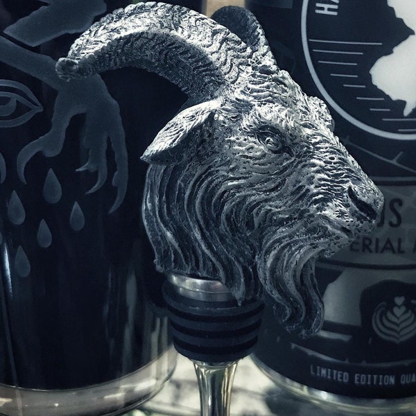 Goat Head Wine Stopper - Hand Painted Resin Sculpture, Gothic Decor, Mythical Goat Bottle Stopper, Fantasy Gothic Wine and Barware Gift
