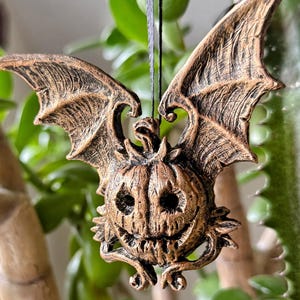 Bat Wing Jack O&#39; Lantern Ornament, Hand Painted Resin Sculpture | Gothic Halloween Pumpkin Figurine | Dark Witchy Art, Spooky Gift & Decor