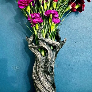 Tree Vase, Pewter Finish | Unique Woodland Rustic Home Decor | Resin Sculpture Flower Vase, Nature Gift and Earthy Home Decor