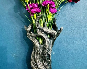 Vaso ad albero, finitura in peltro / Decorazione rustica unica per la casa in stile bosco / Vaso con scultura in resina per fiori, regalo naturale e decorazione per la casa in stile terroso