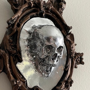 Spectral Skull Wall Plaque, Resin Sculpture | Victorian Gothic Haunted Wall Art | Ghost Skull in Mirror for Halloween, Spooky Home Decor