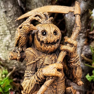 Jack-O’Lantern Scarecrow Bust, Hand Painted Resin Statue | Pumpkin Reaper with Scythe & Crow | Halloween Gothic Decor | Creepy Figurine Gift