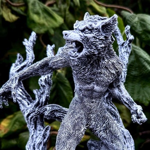Werewolf Statue, Hand Painted Grayscale Resin Sculpture | Gothic Halloween Legendary Monster Figurine | Dark Art for Spooky Home Decor