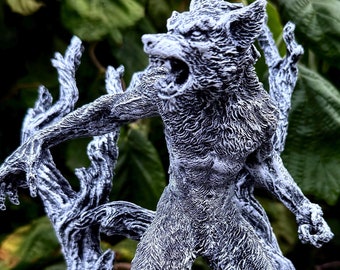 Werewolf Statue, Hand Painted Grayscale Resin Sculpture | Gothic Halloween Legendary Monster Figurine | Dark Art for Spooky Home Decor