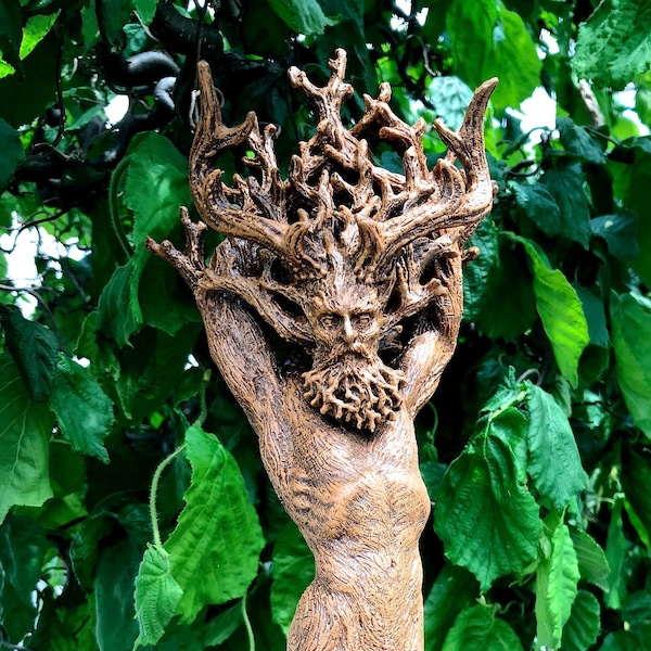 Green Man/ Cernunnos Hand Painted Resin Sculpture | Mythical Forest Creature Figurine | 15” Woodland God Altar Statue for Nature Lovers