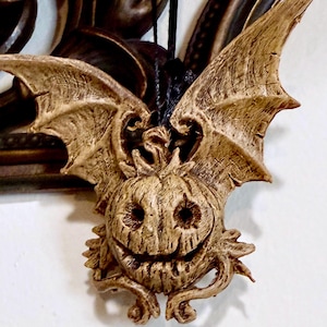 Bat Wing Jack O&#39; Lantern Ornament, Hand Painted Resin Sculpture | Gothic Halloween Pumpkin Figurine | Dark Witchy Art, Spooky Gift & Decor