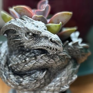 Coiled Dragon Planter, Pewter Finish |  Unique Mythic Creature Home Decor | Resin Sculpture Snake Vase, Fantasy Art and Gothic Home Decor