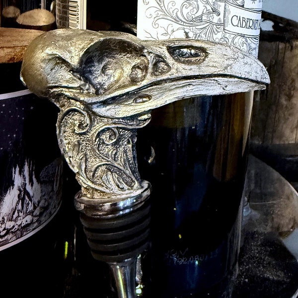 Raven Skull Winestopper, Hand Sculpted Resin | Gothic Art Barware | Raven Crow Skull Bottle Stopper, Gothic Wine Gift and Home Decor
