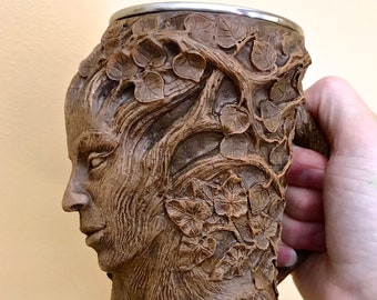 Dryad Mug, Hand Sculpted Resin Earthy Art Mug with Stainless Steel Liner| Fantasy Tree Spirit Mug, Witchy Cup Gift and Gothic Home Decor