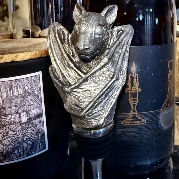 Fruit Bat Wine Stopper, Hand Painted Resin Sculpture | Gothic Art Barware| Mythical Bat Bottle Stopper, Fantasy Gothic Wine and Barware Gift