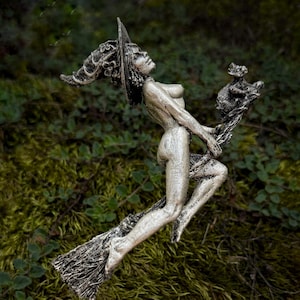 Witch’s Sabbath: Broomstick Rider Statue, Hand Painted Resin Sculpture | Pagan Folklore Figurine | Witchy Art for Gothic Home Decor