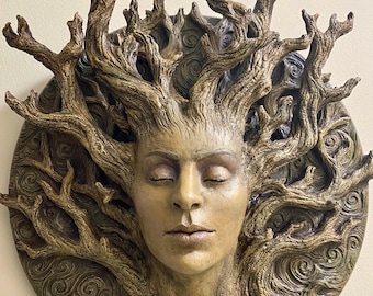 Dryad Bust, Life Sized Wall Plaque Resin Sculpture | Mythic Forest Creature Wall Art | Woodland Goddess Wall Plaque for Nature Lovers