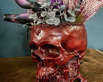 Human Skull Planter, Blood Red