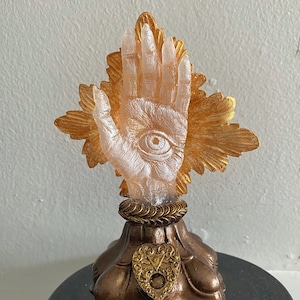 Hand of Protection Relic, Hamsa with LED Tea Light, Hand Painted Resin Sculpture | Medieval Occult Gothic Decor